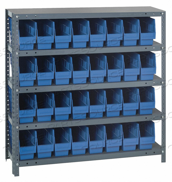 1239-201 STEEL SHELVING WITH 32 6"H SHELF BINS BLUE, 36X12X39-5 SHELVES by Quantum Storage Systems