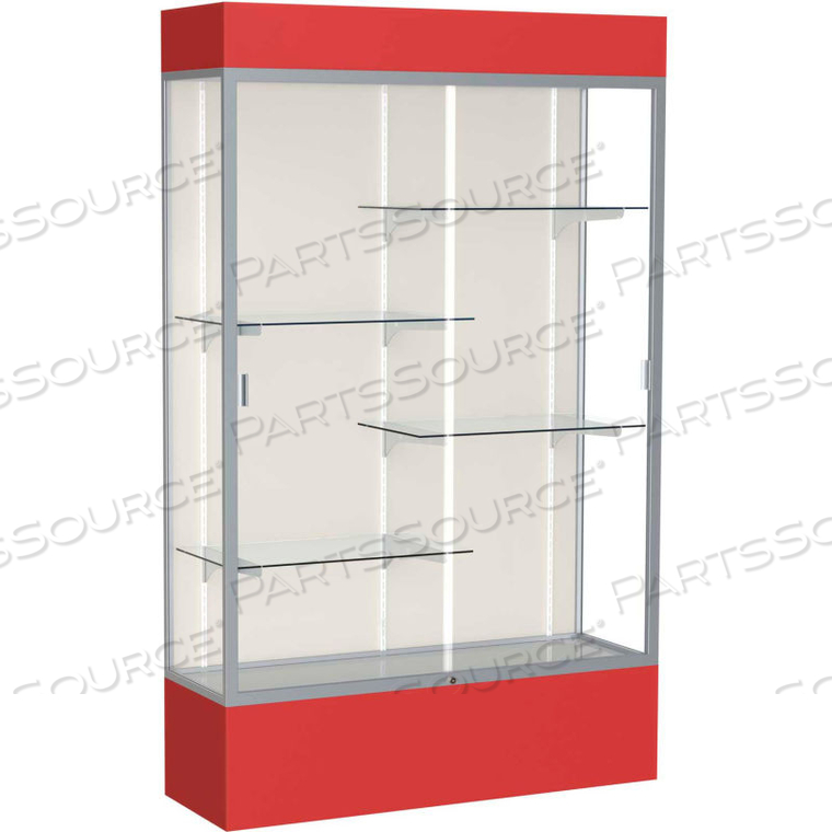 SPIRIT LIGHTED DISPLAY CASE 48"W X 80"H X 16"D PLAQUE BACK SATIN FINISH RED BASE & TOP 