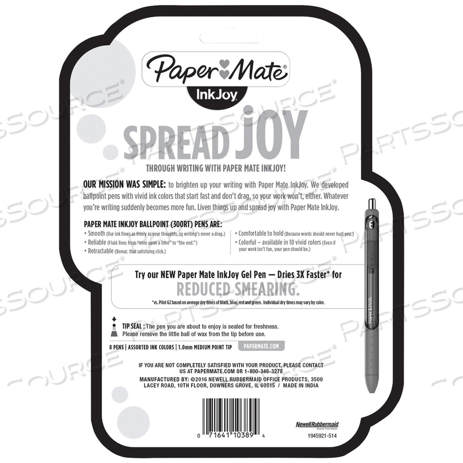 INKJOY 300 RT BALLPOINT PEN RETRACTABLE, MEDIUM 1 MM, ASSORTED INK AND BARREL COLORS by Paper Mate INKJOY 300 RT BALLPOINT PEN RETRACTABLE, MEDIUM 1 MM, ASSORTED INK AND BARREL COLORS by Paper Mate