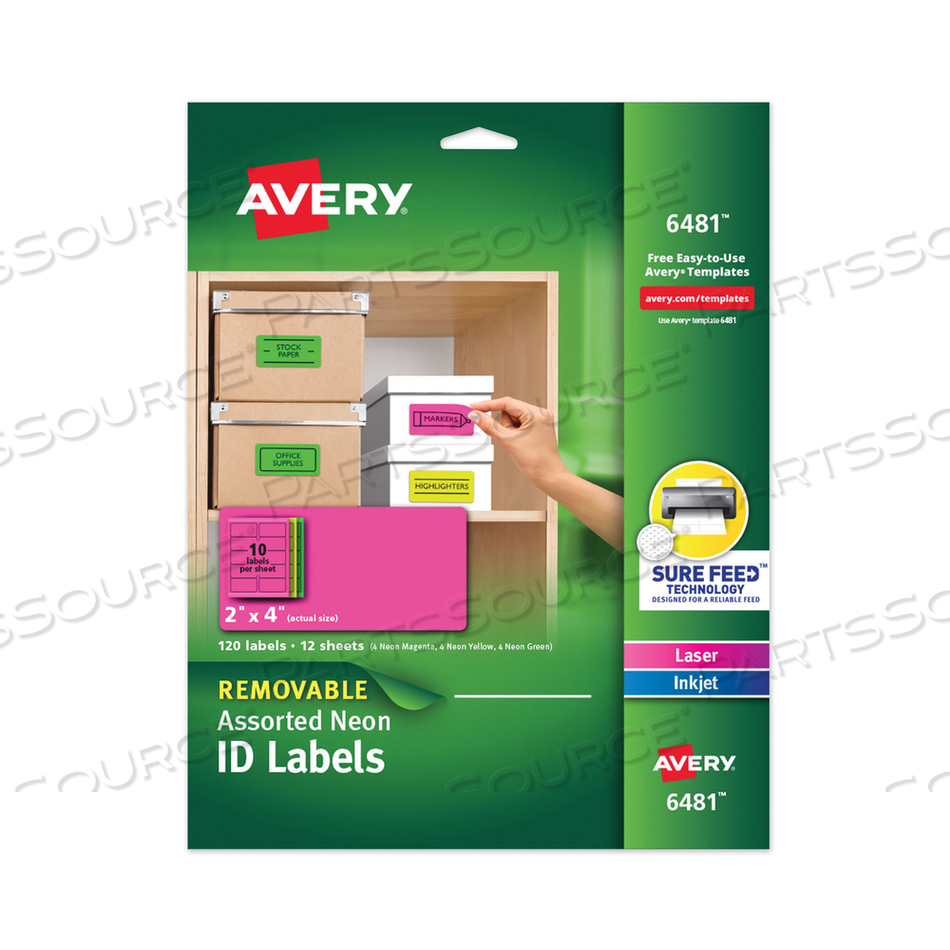 HIGH-VIS REMOVABLE LASER/INKJET ID LABELS, 2 X 4, ASST. NEON by Avery