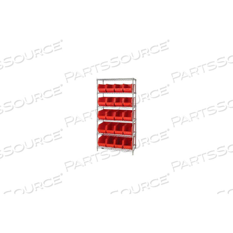 WR6-265 CHROME WIRE SHELVING WITH 20 GIANT PLASTIC STACKING BINS RED, 36X18X74 by Quantum Storage Systems WR6-265 CHROME WIRE SHELVING WITH 20 GIANT PLASTIC STACKING BINS RED, 36X18X74 by Quantum Storage Systems
