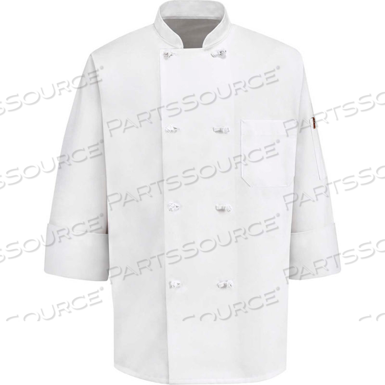 CHEF DESIGNS 8 BUTTON-FRONT CHEF COAT, THERMOMETER POCKET, CLOTH BUTTONS, WHITE, POLY/COTTON, S by VF Imagewear, Inc.