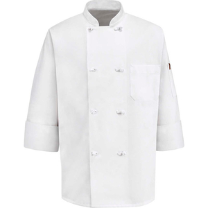 CHEF DESIGNS 8 BUTTON-FRONT CHEF COAT, THERMOMETER POCKET, CLOTH BUTTONS, WHITE, POLY/COTTON, S by VF Imagewear, Inc.
