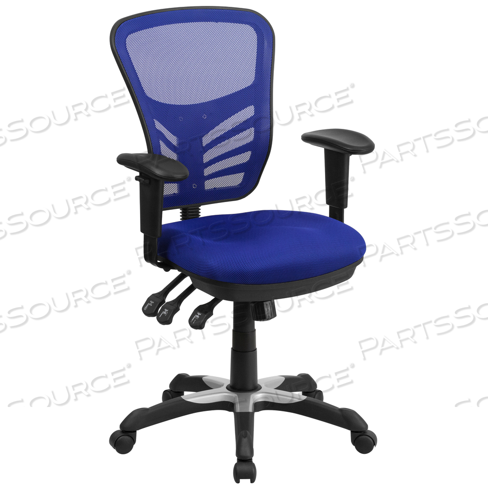 NICHOLAS MID-BACK BLUE MESH MULTIFUNCTION EXECUTIVE SWIVEL ERGONOMIC OFFICE CHAIR WITH ADJUSTABLE ARMS by Flash Furniture