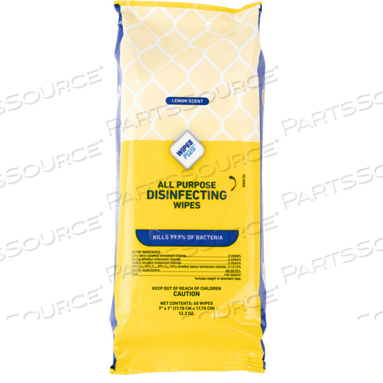 WIPESPLUS ALL PURPOSE DISINFECTING WIPES, 7" X 7", LEMON SCENT, 60 WIPES/PACKET 