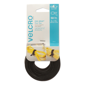 ONE-WRAP PRE-CUT THIN TIES, 0.5" X 8", BLACK, 50/PACK by Velcro ONE-WRAP PRE-CUT THIN TIES, 0.5" X 8", BLACK, 50/PACK by Velcro