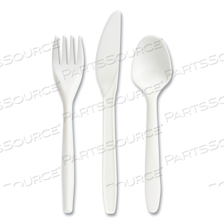ECO-ID MEDIUMWEIGHT COMPOSTABLE CUTLERY, FORK/KNIFE/TEASPOON, WHITE by Perk ECO-ID MEDIUMWEIGHT COMPOSTABLE CUTLERY, FORK/KNIFE/TEASPOON, WHITE by Perk