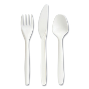 ECO-ID MEDIUMWEIGHT COMPOSTABLE CUTLERY, FORK/KNIFE/TEASPOON, WHITE, 120 SETS/PACK by Perk