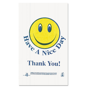 SMILEY FACE SHOPPING BAGS, 12.5 MICRONS, 11.5" X 21", WHITE, 900/CARTON by Barnes Paper Company