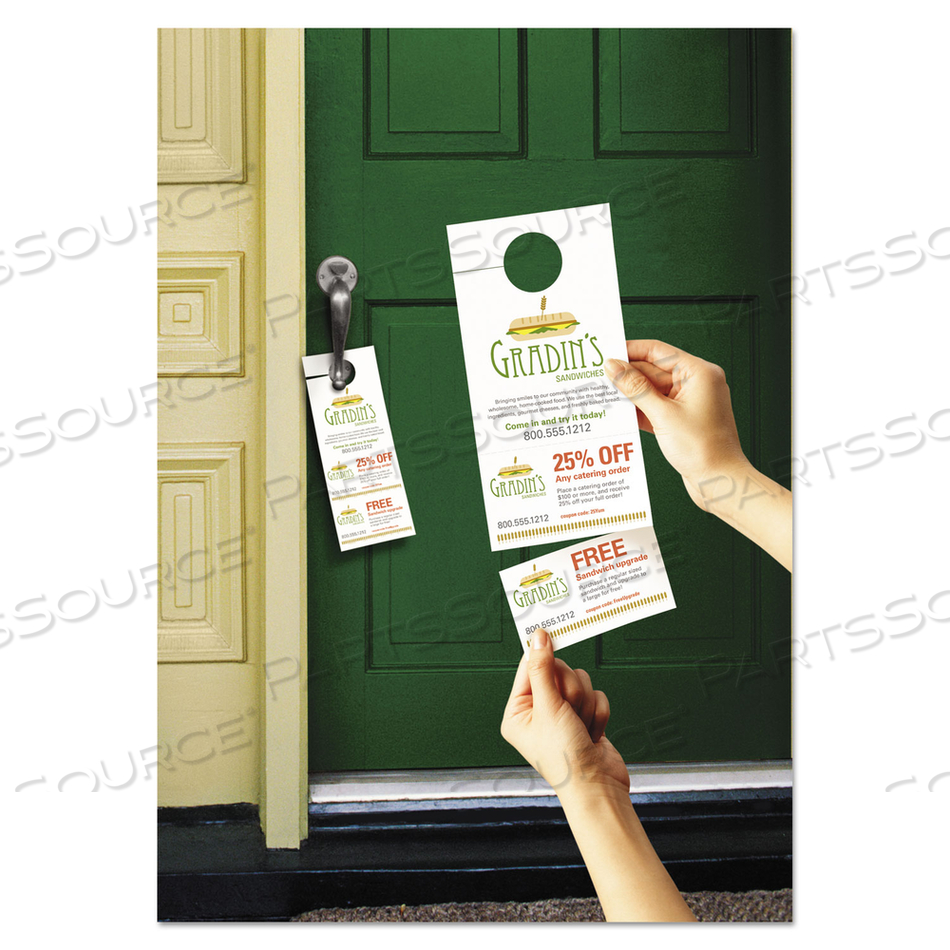 DOOR HANGER WITH TEAR-AWAY CARDS, 97 BRIGHT, 65 LB COVER WEIGHT, 4.25 X 11, WHITE, 2 HANGERS/SHEET by Avery