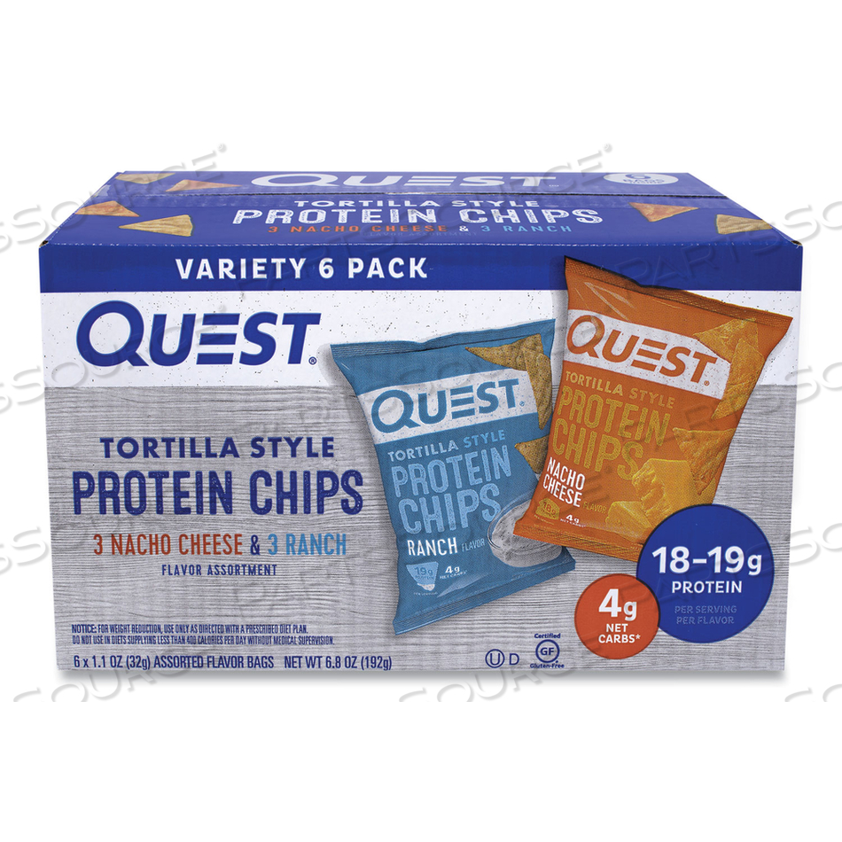 TORTILLA STYLE PROTEIN CHIPS, NACHO CHEESE/RANCH, 1.1 OZ BAG, 6/BOX 