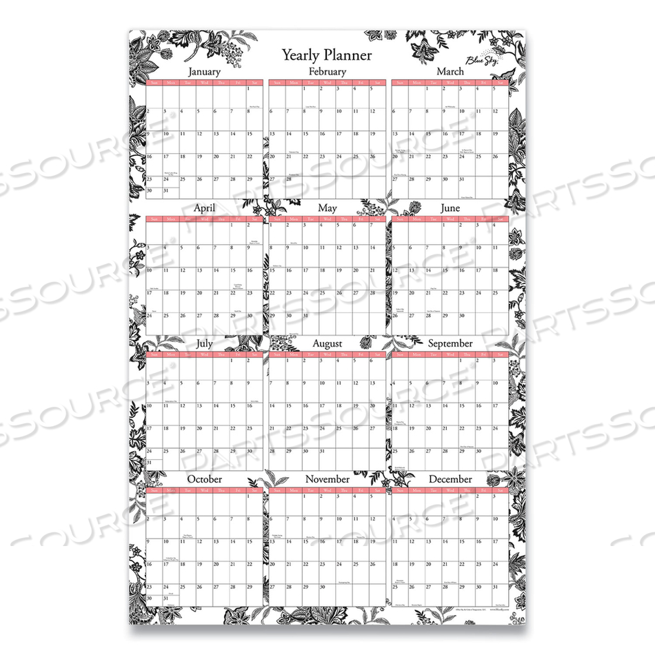 ANALEIS LAMINATED ERASABLE WALL CALENDAR, FLORAL ARTWORK, 36 X 24, WHITE/BLACK/CORAL SHEETS, 12-MONTH (JAN TO DEC): 2023 