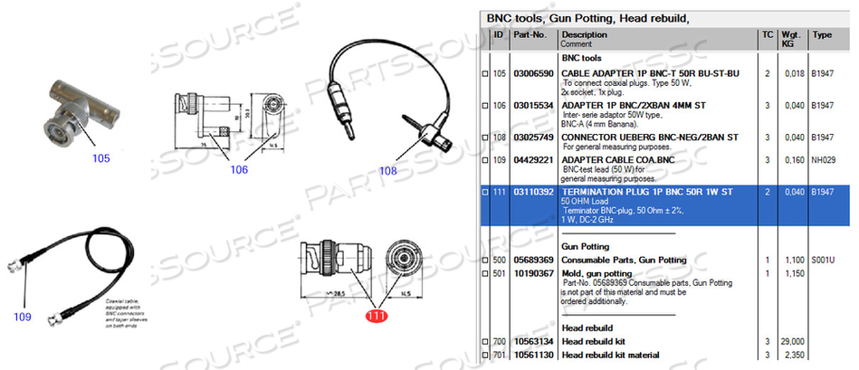 TERMINATION PLUG, STRAIGHT, 1P NUMBER OF PLUGS, BNC CONNECTOR CONNECTOR TYPE, 50OHMS IMPEDANCE, 1W WATTAGE, FOR USE WITH: FOR RAD ROOM by Siemens Medical Solutions TERMINATION PLUG, STRAIGHT, 1P NUMBER OF PLUGS, BNC CONNECTOR CONNECTOR TYPE, 50OHMS IMPEDANCE, 1W WATTAGE, FOR USE WITH: FOR RAD ROOM by Siemens Medical Solutions