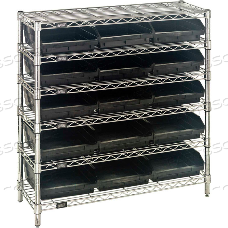 STEEL WIRE SHELVING WITH 15 CONDUCTIVE 4"H BINS BLACK - 6 SHELVES - 36"W X 12"D X 36"H by Quantum Storage Systems STEEL WIRE SHELVING WITH 15 CONDUCTIVE 4"H BINS BLACK - 6 SHELVES - 36"W X 12"D X 36"H by Quantum Storage Systems