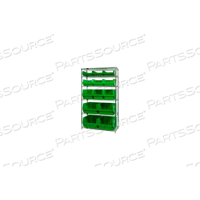 WR6-13-MIX CHROME SHELVING WITH 13 MAGNUM GIANT HOPPER BINS GREEN, 18X42X74 