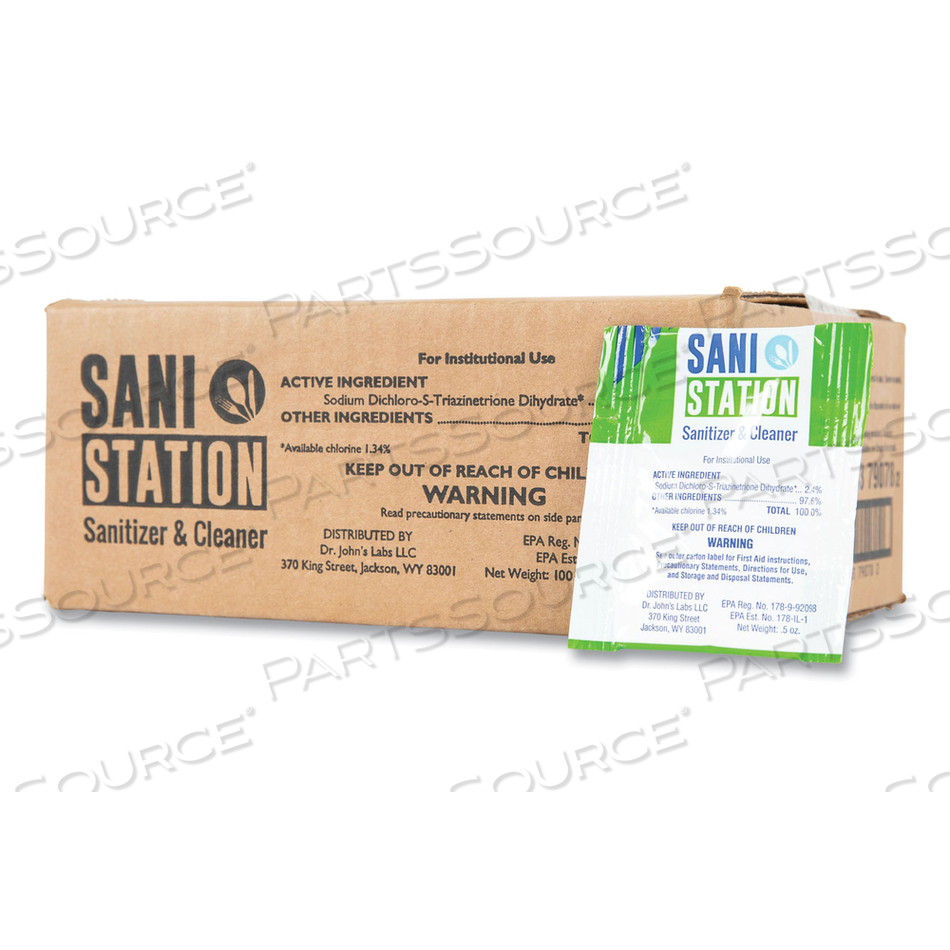 SANI STATION HARD SURFACE CLEANER KIT, 1 SPRAY BOTTLE, 1 TUBE CHLORINE TEST STRIPS, 100 0.5 OZ PACKETS 