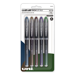 VISION ELITE BLX SERIES ROLLER BALL PEN, STICK, MICRO 0.5 MM, ASSORTED INK AND BARREL COLORS, 5/PACK by Uni-Ball