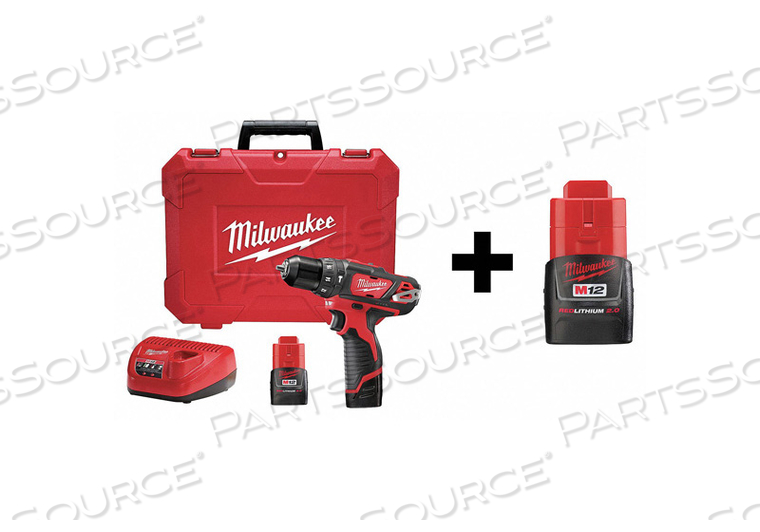 CORDLESS HAMMER DRILL/DRIVER KIT, VOLTAGE 12V, CORDLESS DRILL CLASS COMPACT, CHUCK SIZE 3/8 IN, MAXIMUM WORKING TORQUE 23 FT-LB, BLOWS PER M by Milwaukee Electric Tools CORDLESS HAMMER DRILL/DRIVER KIT, VOLTAGE 12V, CORDLESS DRILL CLASS COMPACT, CHUCK SIZE 3/8 IN, MAXIMUM WORKING TORQUE 23 FT-LB, BLOWS PER M by Milwaukee Electric Tools