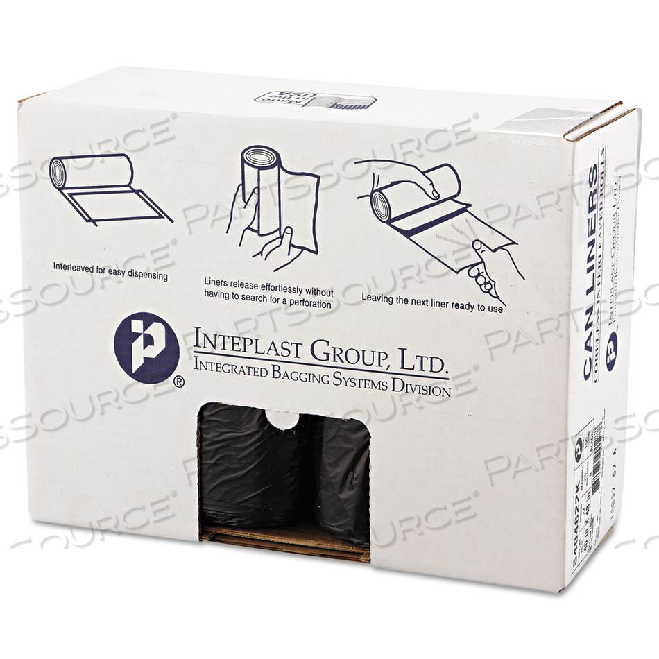 HIGH-DENSITY INTERLEAVED COMMERCIAL CAN LINERS, 45 GAL, 22 MICRONS, 40" X 48", BLACK, 25 BAGS/ROLL/CARTON by Inteplast Group HIGH-DENSITY INTERLEAVED COMMERCIAL CAN LINERS, 45 GAL, 22 MICRONS, 40" X 48", BLACK, 25 BAGS/ROLL/CARTON by Inteplast Group
