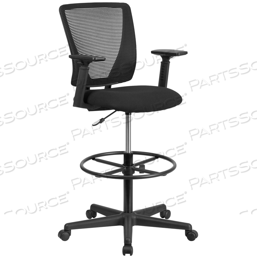 HARPER ERGONOMIC MID-BACK MESH DRAFTING CHAIR WITH BLACK FABRIC SEAT, ADJUSTABLE FOOT RING AND ADJUSTABLE ARMS by Flash Furniture