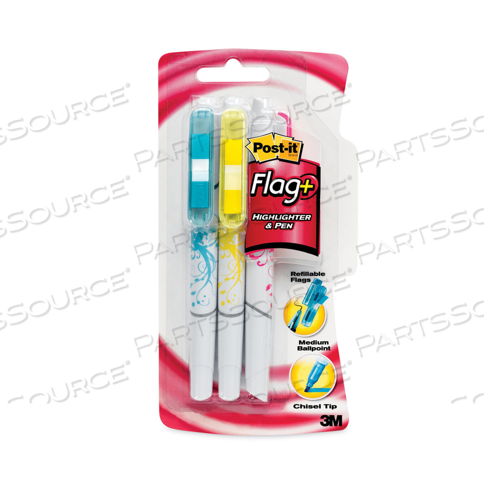 FLAG+ HIGHLIGHTER AND PEN, ASSORTED INK/FLAG COLORS, CHISEL/CONICAL TIPS, ASSORTED BARREL COLORS/GRAPHICS, 3/PACK 