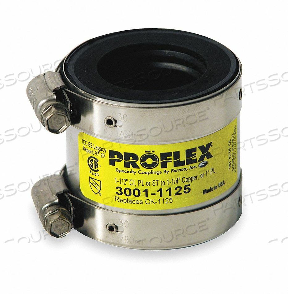 SHIELDED TRANSITION COUPLING, NEOPRENE, FOR 1 1/4 IN_1 1/2 IN PIPE, 2 1/8 IN OVERALL LG by Fernco SHIELDED TRANSITION COUPLING, NEOPRENE, FOR 1 1/4 IN_1 1/2 IN PIPE, 2 1/8 IN OVERALL LG by Fernco