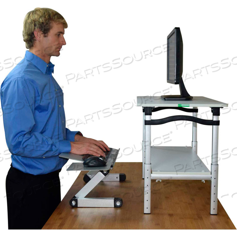 LIFT STANDING DESK CONVERSION, WHITE STAND AND SILVER KEYBOARD TRAY 