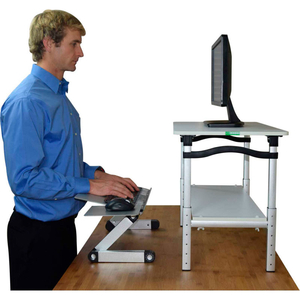 LIFT STANDING DESK CONVERSION, WHITE STAND AND SILVER KEYBOARD TRAY by Uncaged Ergonomics