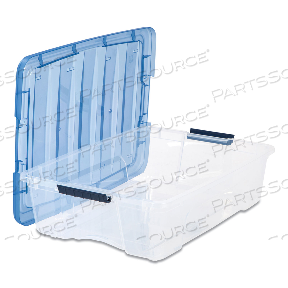 STACK AND PULL LATCHING FLAT LID STORAGE BOX, 6.73 GAL, 16.5" X 22" X 6.5", CLEAR/TRANSLUCENT BLUE by Iris USA, Inc STACK AND PULL LATCHING FLAT LID STORAGE BOX, 6.73 GAL, 16.5" X 22" X 6.5", CLEAR/TRANSLUCENT BLUE by Iris USA, Inc
