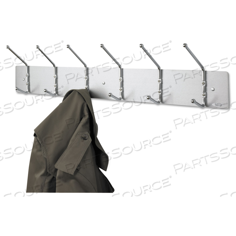 METAL WALL RACK, SIX BALL-TIPPED DOUBLE-HOOKS, METAL, 36W X 3.75D X 7H, SATIN by Safco