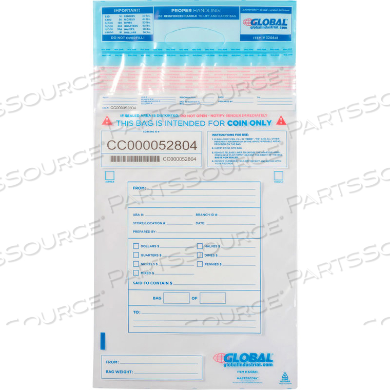MASTERCOIN CLEAR COIN BAG W/ REINFORCED HANDLE, 12"W X 19"H, 100/PACK by Nelmar Security Packaging Systems MASTERCOIN CLEAR COIN BAG W/ REINFORCED HANDLE, 12"W X 19"H, 100/PACK by Nelmar Security Packaging Systems
