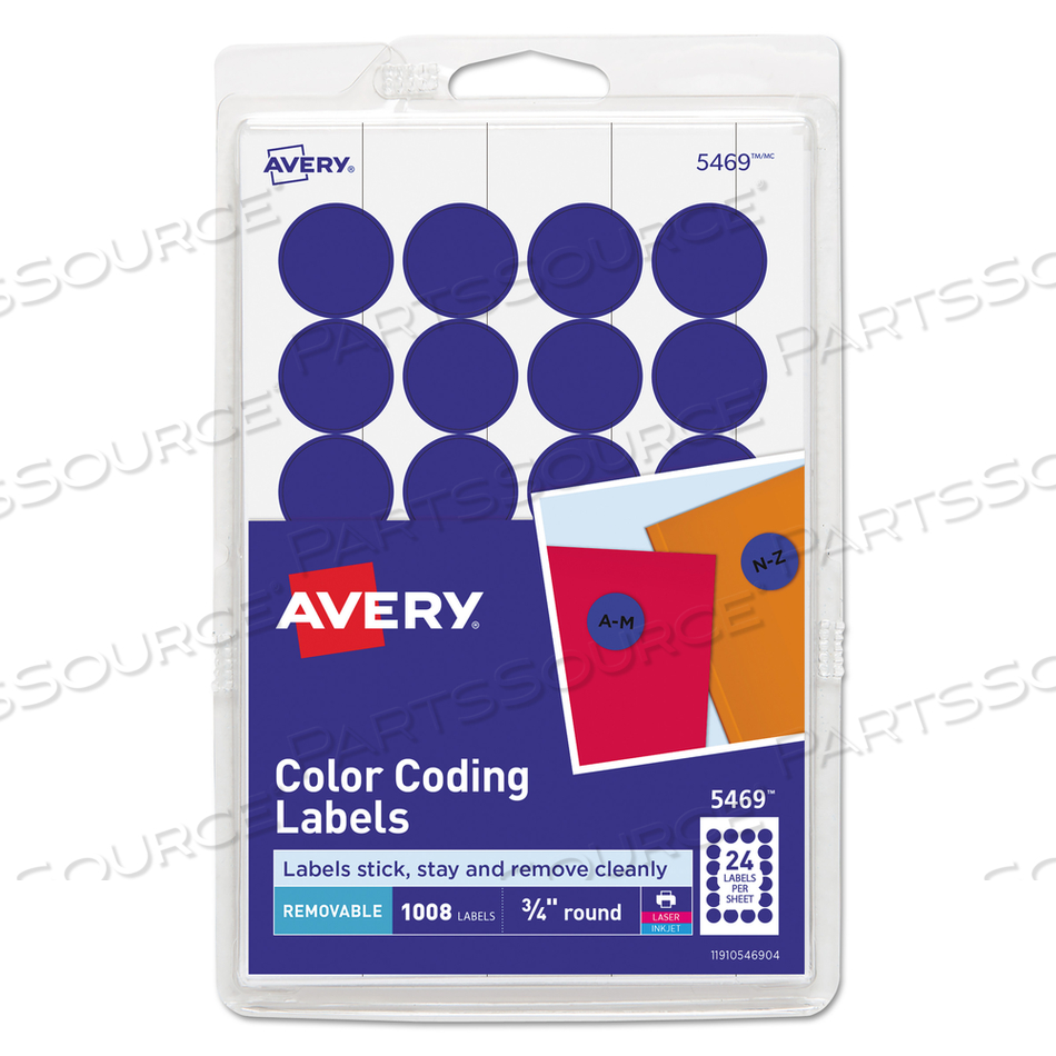 PRINTABLE SELF-ADHESIVE REMOVABLE COLOR-CODING LABELS, 0.75" DIA, DARK BLUE, 24/SHEET, 42 SHEETS/PACK, (5469) by Avery PRINTABLE SELF-ADHESIVE REMOVABLE COLOR-CODING LABELS, 0.75" DIA, DARK BLUE, 24/SHEET, 42 SHEETS/PACK, (5469) by Avery