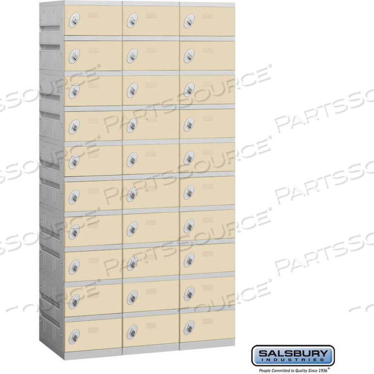 PLASTIC LOCKER, TEN TIER, 3 WIDE, 12-3/4"W X 18"D X 7-5/16"H, TAN, UNASSEMBLED by Salsbury Industries PLASTIC LOCKER, TEN TIER, 3 WIDE, 12-3/4"W X 18"D X 7-5/16"H, TAN, UNASSEMBLED by Salsbury Industries