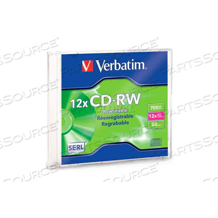 CD-RW DISCS, 4-12X, 700MB/80MIN, BRANDED, SLIM CASE, 1/PK 