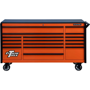 72"W X 21"D 17 DRAWER TRIPLE BANK ROLLER CABINET, ORANGE BLACK PULLS by Extreme Tools Inc. 72"W X 21"D 17 DRAWER TRIPLE BANK ROLLER CABINET, ORANGE BLACK PULLS by Extreme Tools Inc.