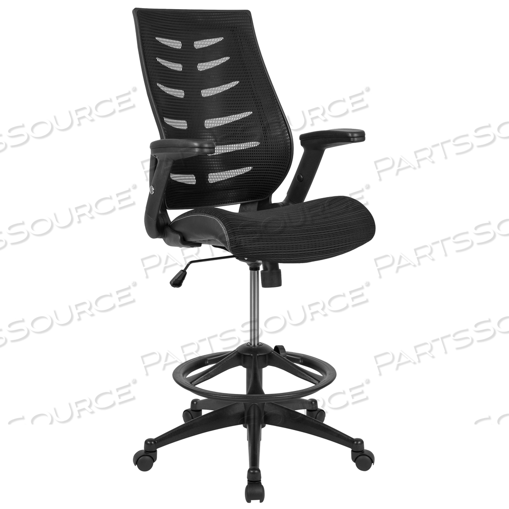 KALE HIGH BACK BLACK MESH SPINE-BACK ERGONOMIC DRAFTING CHAIR WITH ADJUSTABLE FOOT RING AND ADJUSTABLE FLIP-UP ARMS by Flash Furniture KALE HIGH BACK BLACK MESH SPINE-BACK ERGONOMIC DRAFTING CHAIR WITH ADJUSTABLE FOOT RING AND ADJUSTABLE FLIP-UP ARMS by Flash Furniture