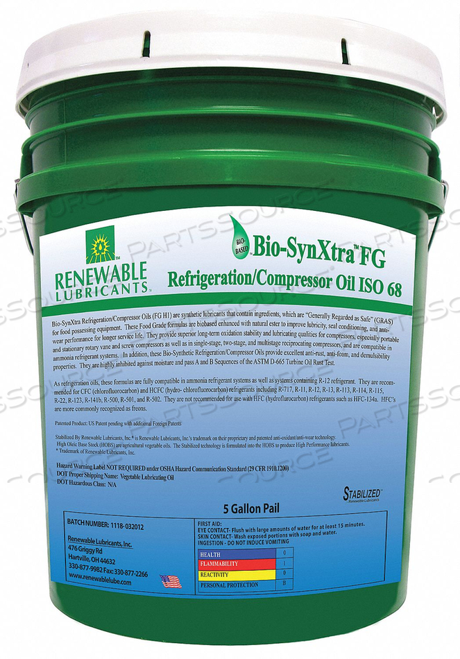 REFRIGERATION/COMPRESSOR OIL 5 GAL PAIL by Renewable Lubricants