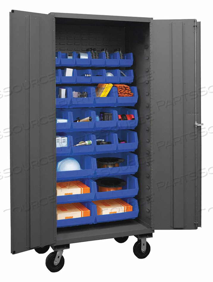 MOBILE BIN CABINET - 30 BLUE BINS 36"W X 24"D X 80"H by Durham Manufacturing Company MOBILE BIN CABINET - 30 BLUE BINS 36"W X 24"D X 80"H by Durham Manufacturing Company