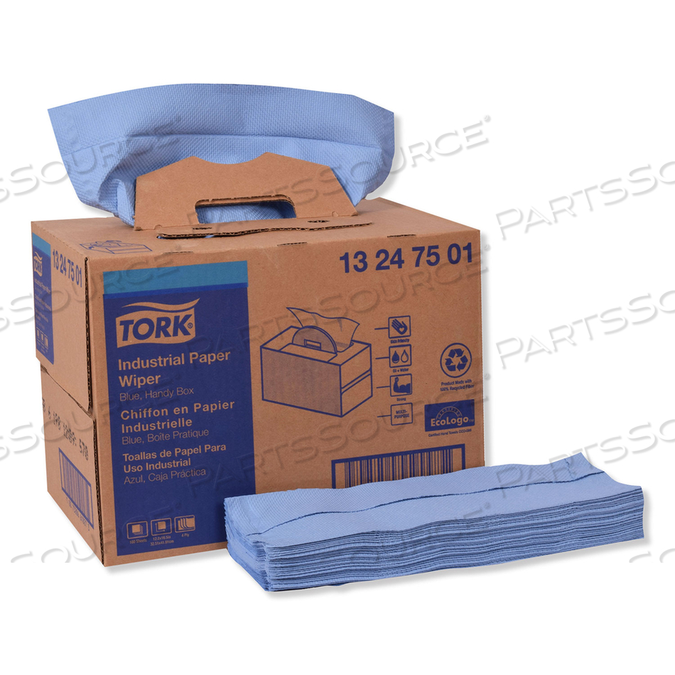 INDUSTRIAL PAPER WIPER, 4-PLY, 12-4/5" X 16-1/2", BLUE, 180 WIPES/BOX by Tork