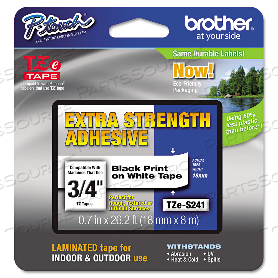 TZE EXTRA-STRENGTH ADHESIVE LAMINATED LABELING TAPE, 0.7" X 26.2 FT, BLACK ON WHITE by Brother
