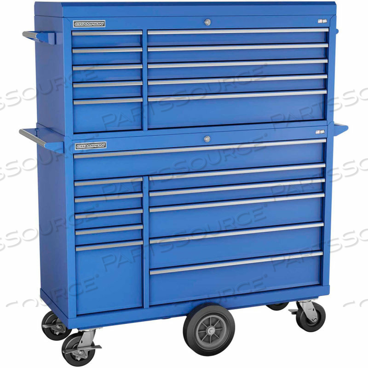 CHAMPION FMPRO 54"W X 20-1/4"D X 66-3/4"H 21 DRAWER BLUE CHEST & ROLLER CABINET COMBO by Independent Design Inc CHAMPION FMPRO 54"W X 20-1/4"D X 66-3/4"H 21 DRAWER BLUE CHEST & ROLLER CABINET COMBO by Independent Design Inc