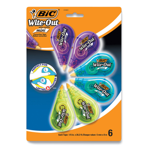 WITE-OUT BRAND MINI CORRECTION TAPE, NON-REFILLABLE, BLUE/PURPLE/YELLOW APPLICATORS, 0.2" X 314.4", 6/PACK by BIC