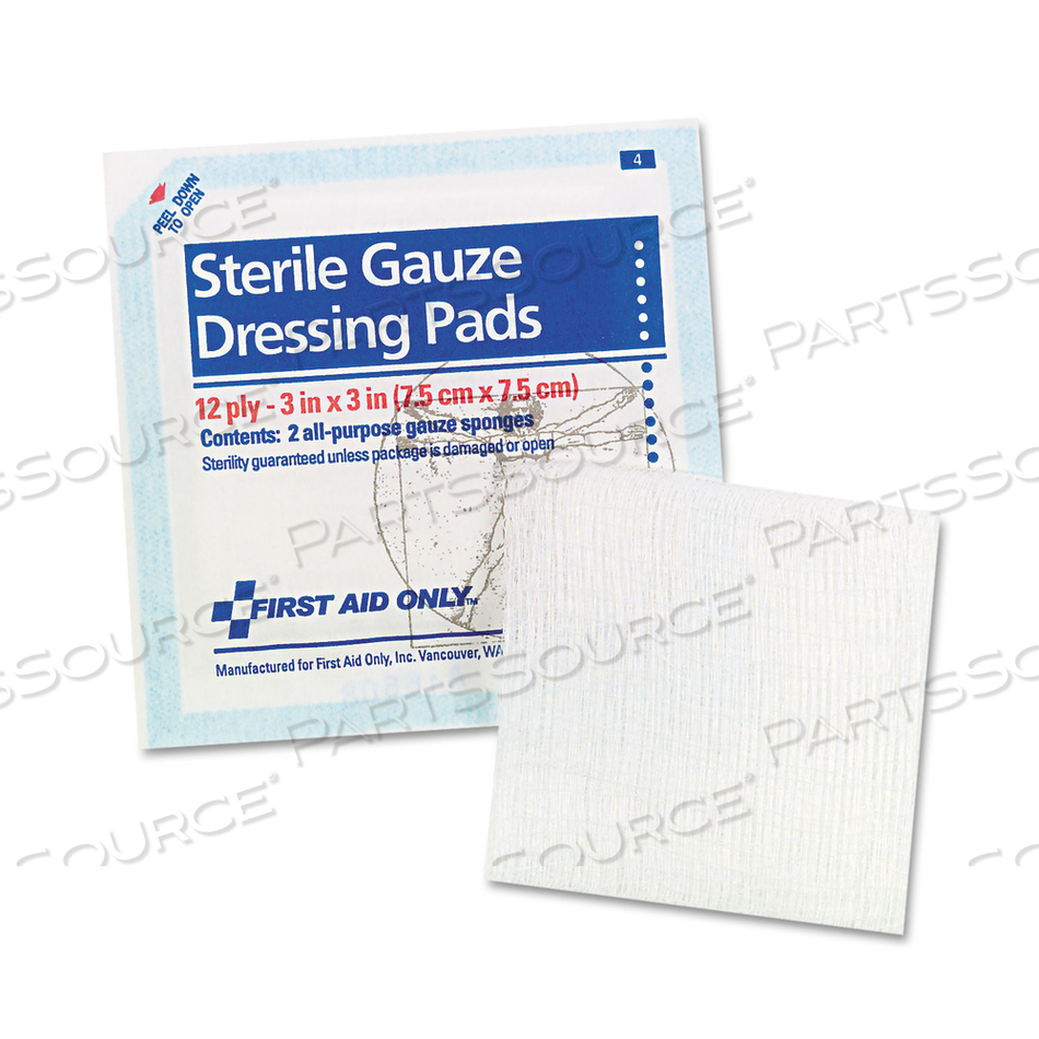 SMARTCOMPLIANCE GAUZE PADS, STERILE, 12-PLY, 3 X 3, 5 DUAL-PADS/PACK by First Aid Only