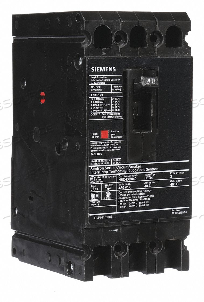 CIRCUIT BREAKER 40A 3P 480VAC HED4 by Siemens