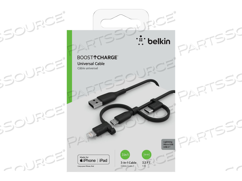 BOOST CHARGE UNIVERSAL, USB CABLE, USB MALE TO MICRO-USB TYPE B, LIGHTNING, USB-C MALE, 3.3 FT by Belkin BOOST CHARGE UNIVERSAL, USB CABLE, USB MALE TO MICRO-USB TYPE B, LIGHTNING, USB-C MALE, 3.3 FT by Belkin