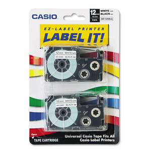 TAPE CASSETTES FOR KL LABEL MAKERS, 0.5" X 26 FT, BLACK ON WHITE, 2/PACK by Casio