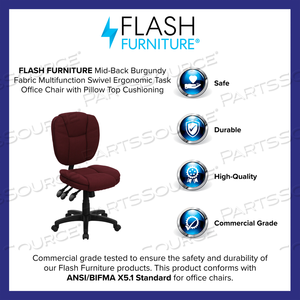 CAROLINE MID-BACK BURGUNDY FABRIC MULTIFUNCTION SWIVEL ERGONOMIC TASK OFFICE CHAIR WITH PILLOW TOP CUSHIONING by Flash Furniture CAROLINE MID-BACK BURGUNDY FABRIC MULTIFUNCTION SWIVEL ERGONOMIC TASK OFFICE CHAIR WITH PILLOW TOP CUSHIONING by Flash Furniture