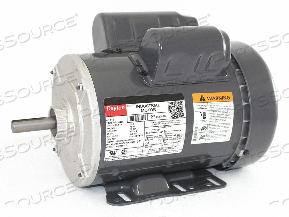 GENERAL PURPOSE MOTOR, SINGLE PHASE, MOTOR DESIGN CAPACITOR-START/RUN, 1 1/2 HP, NAMEPLATE RPM 3,450, NO. OF SPEEDS 1, VOLTAGE 115/208-230V by DAYTON ELECTRIC MANUFACTURING CO GENERAL PURPOSE MOTOR, SINGLE PHASE, MOTOR DESIGN CAPACITOR-START/RUN, 1 1/2 HP, NAMEPLATE RPM 3,450, NO. OF SPEEDS 1, VOLTAGE 115/208-230V by DAYTON ELECTRIC MANUFACTURING CO