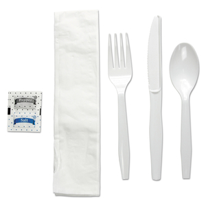 DISPOSABLE CUTLERY SET, WHITE, POLYSTYRENE, WRAPPED by Boardwalk