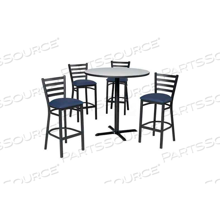 PREMIER HOSPITALITY 36" ROUND TABLE & BARSTOOLS W/ LADDER BACK - FIGURED MAHOGANY /SLATE BLUE VINYL by Phoenix Office Furn. PREMIER HOSPITALITY 36" ROUND TABLE & BARSTOOLS W/ LADDER BACK - FIGURED MAHOGANY /SLATE BLUE VINYL by Phoenix Office Furn.